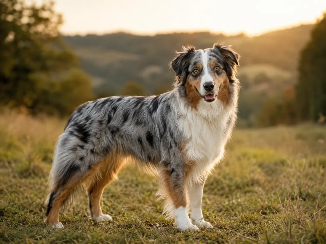 Australian Shepherd auf einer Wiese im Abendlicht