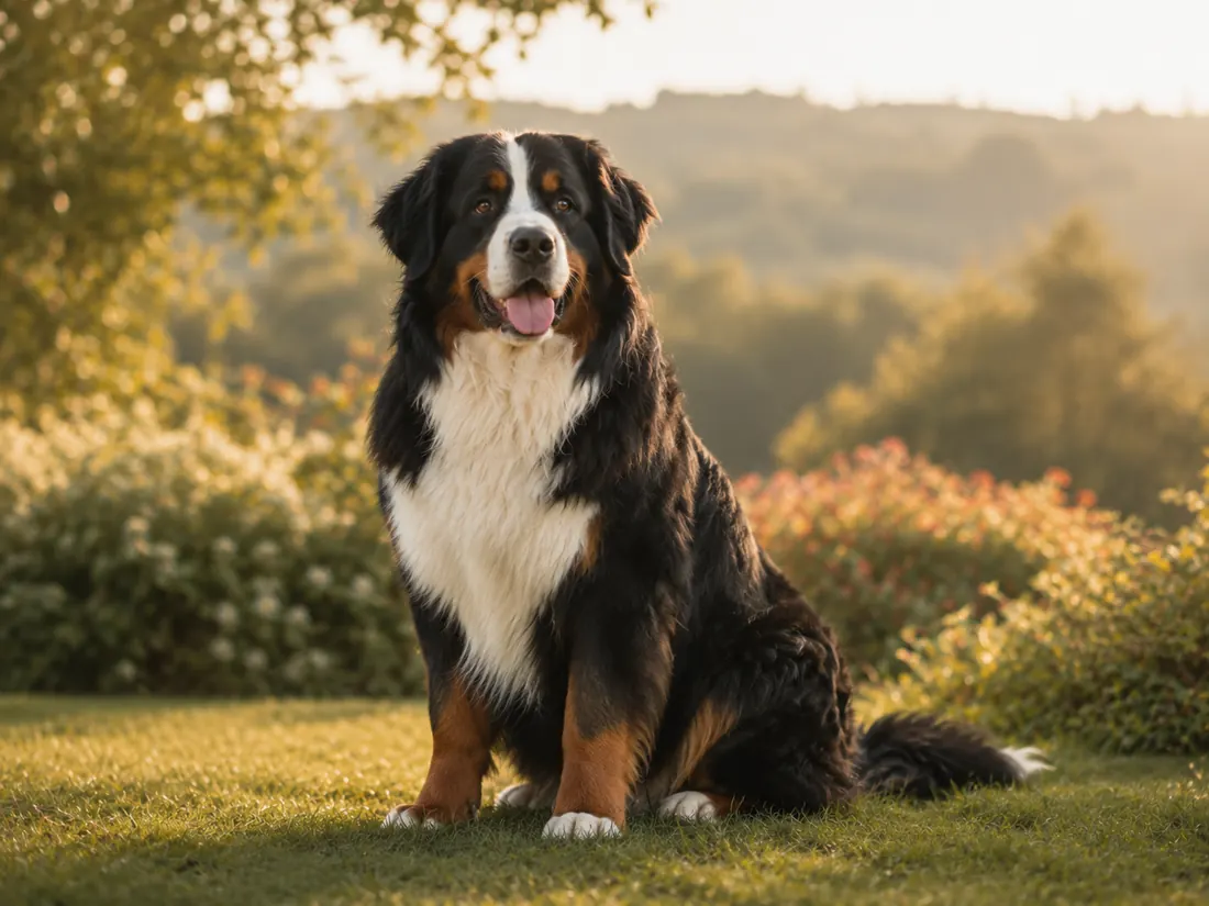 Berner Sennenhund im Garten im Abendlicht