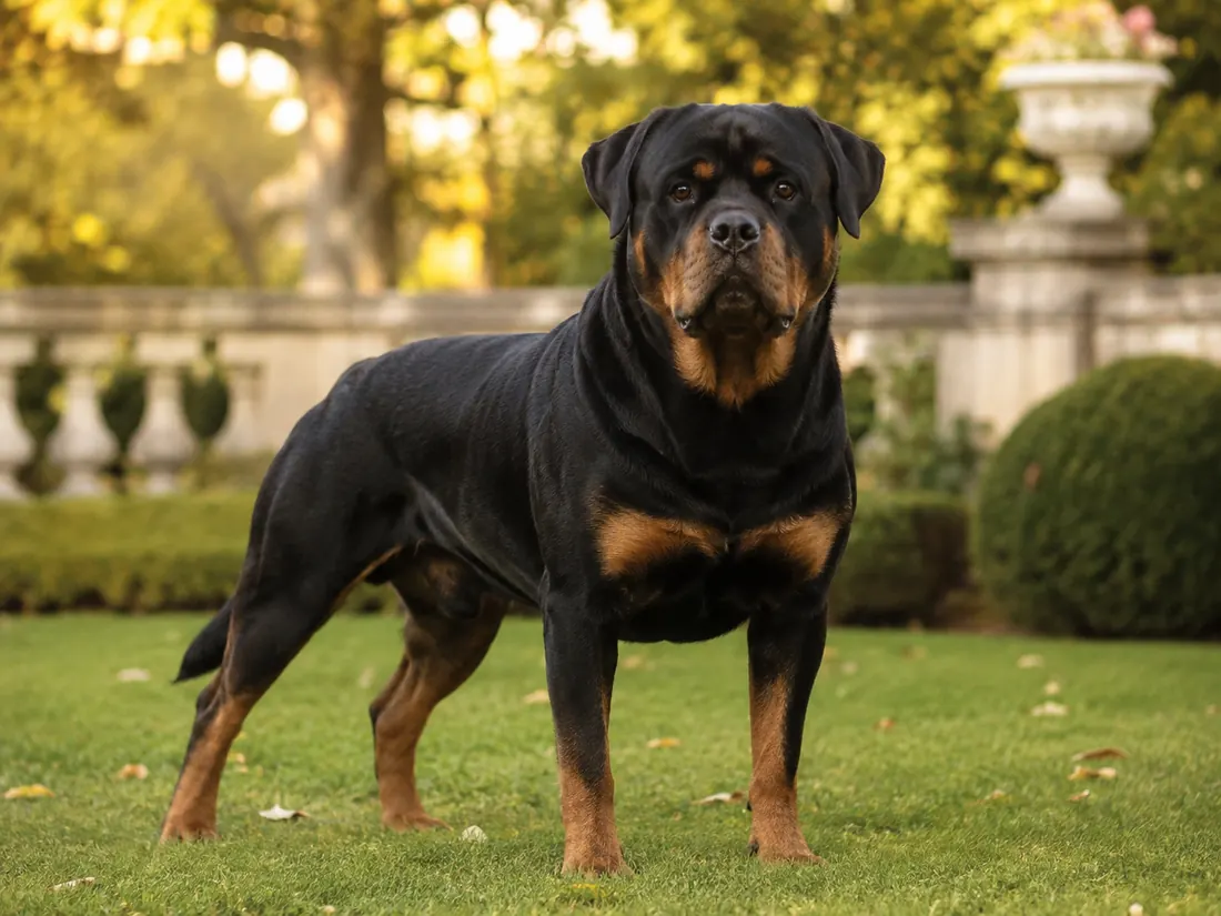 Rottweiler in einem hellen Garten