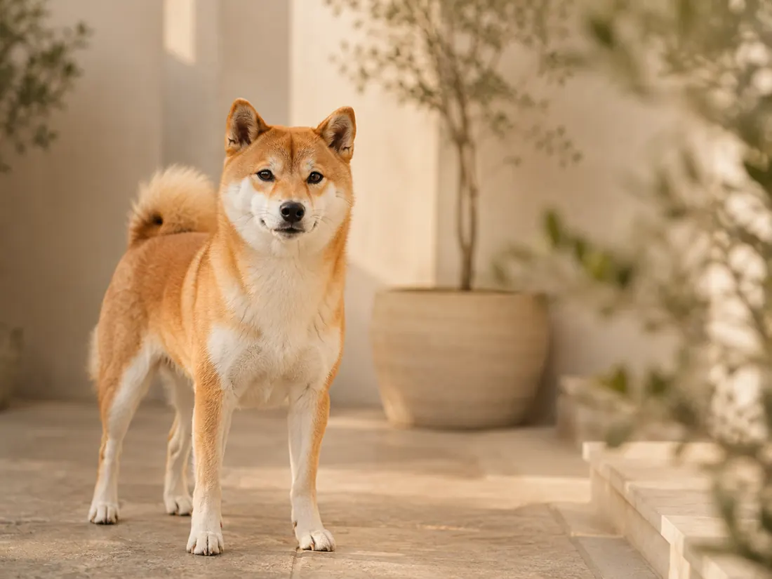 Shiba Inu in einem sonnigen Innenhof
