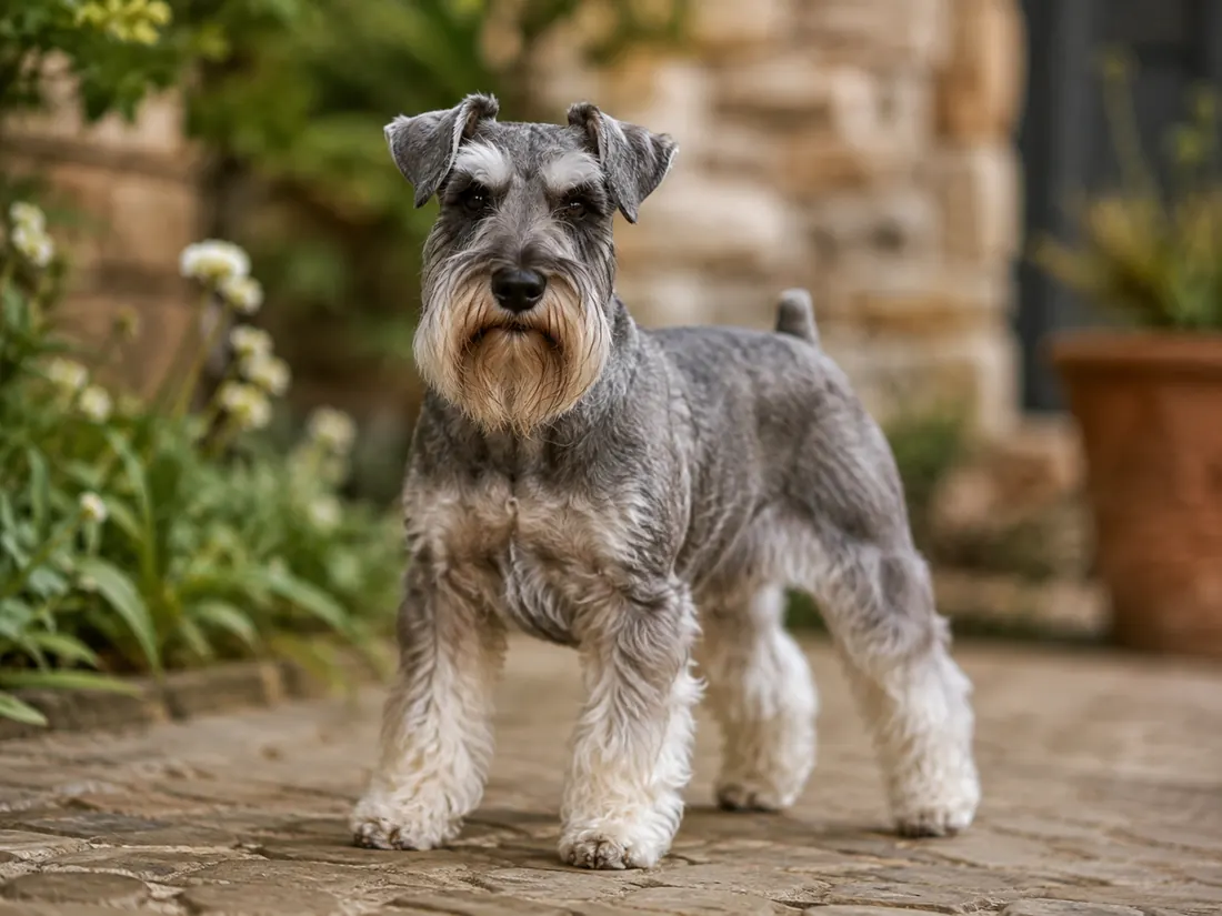 Zwergschnauzer in einer Gartenumgebung